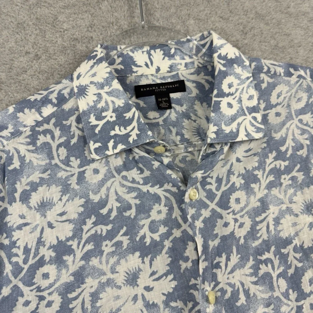 Banana Republic Men's Large Blue Floral Linen Fitted Long Sleeve Button-Up Shirt